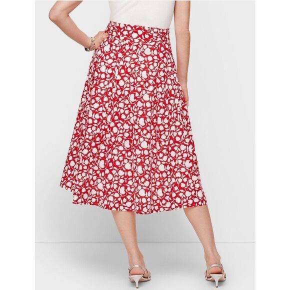 TALBOTS Midi Skirt 6P Red White Floral Print Cotton Lined A-Line Tie Textured - Picture 2 of 13